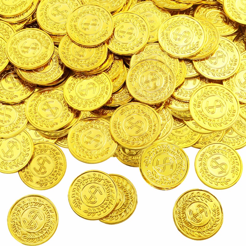 Nuesaurd 200Pcs Gold Coins, Plastic Gold Coins Bulk, 1.4 Inch Fake Coins for Rewards Tokens, Pirate Coin for Party Decorations, Reasure Hunt Games, Adventure Theme Party Supplies - Image 4
