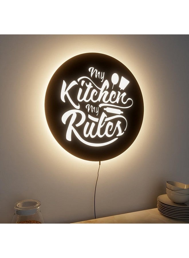 WOODHANG My Kitchen My Rules LED Backlit Wall Sign for Modern Kitchen Decor with Chef Tools Motif | Illuminated Round Wall Art for Home & Café - Image 3