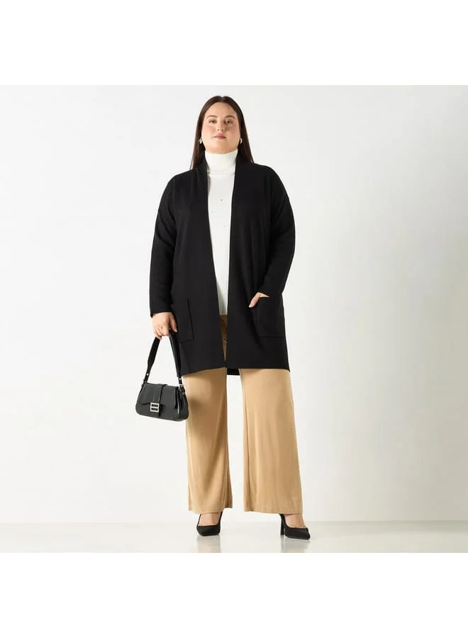 Ulla Popken Plus Size Ulla Popken Solid Open Front Cardigan with Pockets
