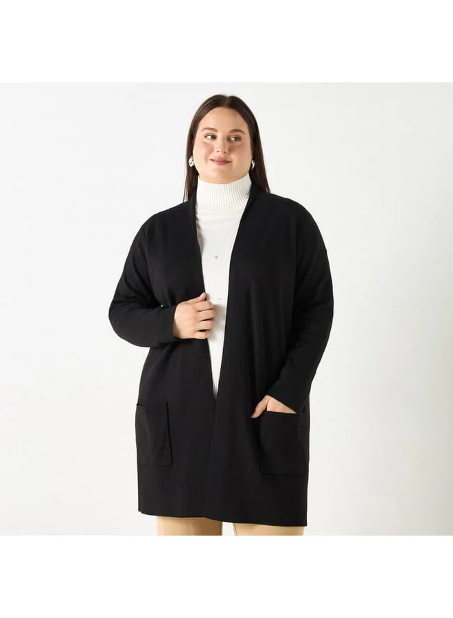 Ulla Popken Plus Size Ulla Popken Solid Open Front Cardigan with Pockets