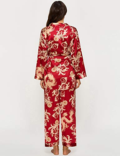 Escalier Women's Silk Satin Pajamas Set 3 Pcs Floral Silky Pj Sets Sleepwear Cami Nightwear with Robe and Pants Wine M - Image 5
