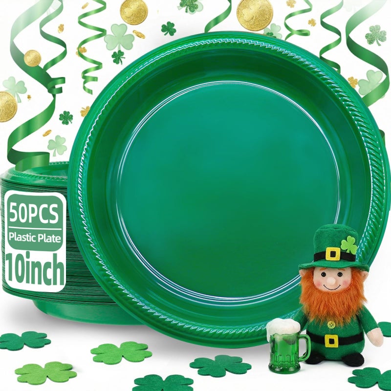 BONSINY Green Plastic Plates Disposable 10 inch | 50 PCS Green Disposable Plates for Party, Picnic, Birthday, BBQ, Graduation, St Patricks Day - Image 1