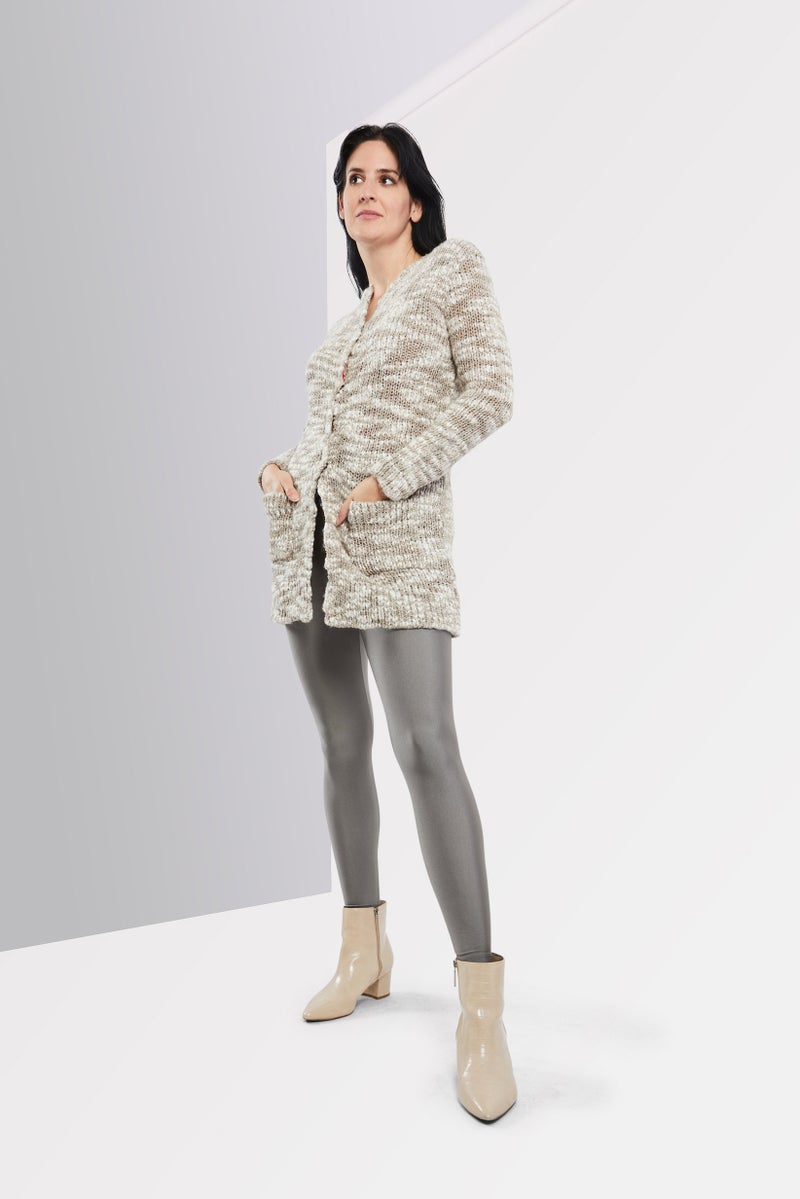One Step Women Split Neck Button Front Cardigan, Grey  - Image 2