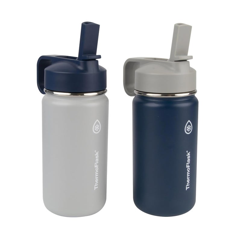 ThermoFlask Kids Bottle with Straw Lid - Durable & Dishwasher-Safe Water Bottles & Lids - Leak-Proof Bottle Lid Design - Reusable Water Bottles for Everyday Use - 14 oz, Harbor Grey/Denim (2 Pack) - Image 1