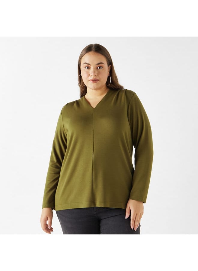 Ulla Popken Plus Size Ulla Popken Solid V-neck Top with Long Sleeves  - Image 1