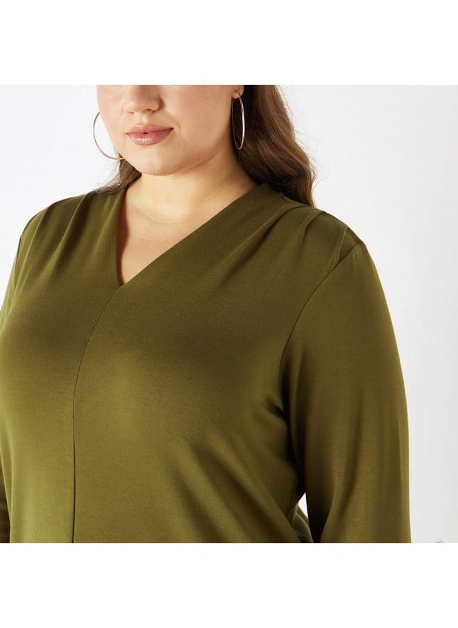 Ulla Popken Plus Size Ulla Popken Solid V-neck Top with Long Sleeves  - Image 4