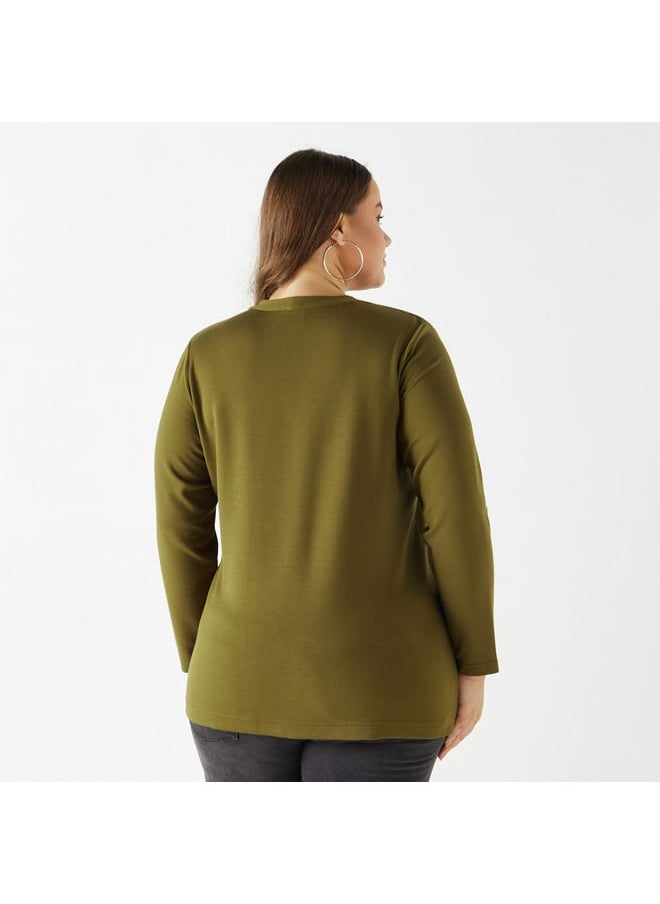 Ulla Popken Plus Size Ulla Popken Solid V-neck Top with Long Sleeves  - Image 3