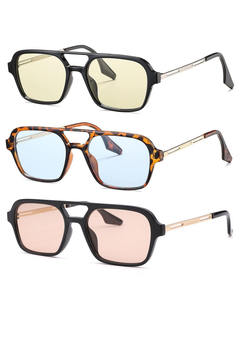 Excefore 3 Pc Vintage 70s Flat Aviator Sunglasses for Women Men, Retro Square Glasses UV400 Protection Shades - Image 1