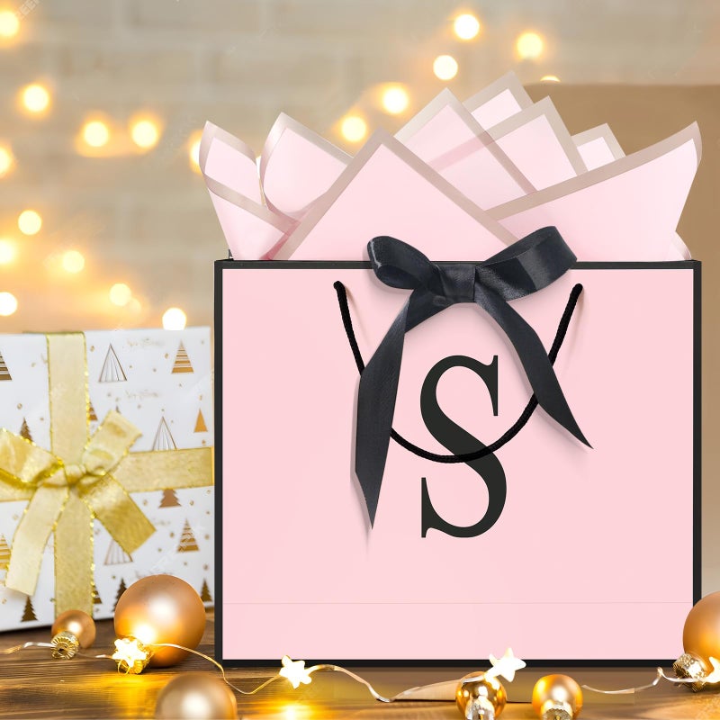QLSKO Personalized Initial Paper Bag for Women Grils,Monogrammed Gift Bag with Bow Ribbon,Wrapping Tissue and Card Matching Envelope Sticker (Pink, S-Medium) - Image 4