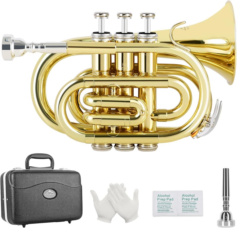 EastRock Pocket Trumpet Brass Bb Gold Lacquer Mini Trumpet with 7 C Mouthpiece, Hard Case, Strap, White Gloves, Cleaning Kit for Students and Beginners - Image 1
