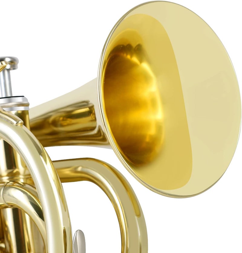 EastRock Pocket Trumpet Brass Bb Gold Lacquer Mini Trumpet with 7 C Mouthpiece, Hard Case, Strap, White Gloves, Cleaning Kit for Students and Beginners - Image 4