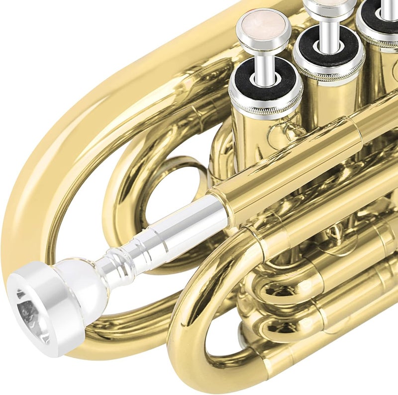 EastRock Pocket Trumpet Brass Bb Gold Lacquer Mini Trumpet with 7 C Mouthpiece, Hard Case, Strap, White Gloves, Cleaning Kit for Students and Beginners - Image 5