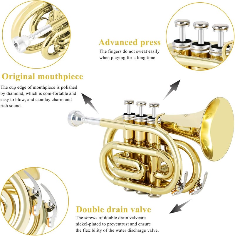 EastRock Pocket Trumpet Brass Bb Gold Lacquer Mini Trumpet with 7 C Mouthpiece, Hard Case, Strap, White Gloves, Cleaning Kit for Students and Beginners - Image 2
