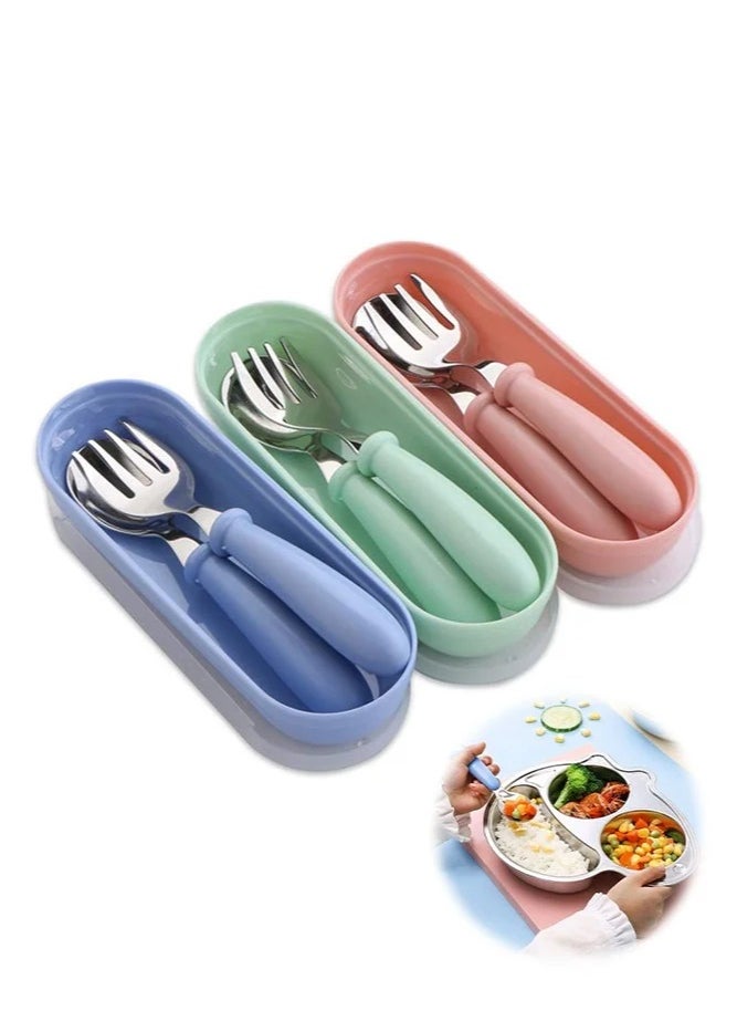 MIXDE 3-Piece Baby First Fork and Spoon Set, Stainless Steel Utensils Cutlery Kit with Travel Safe Carry Case for Toddler Self Feeding Learning, Multicolour  - Image 1