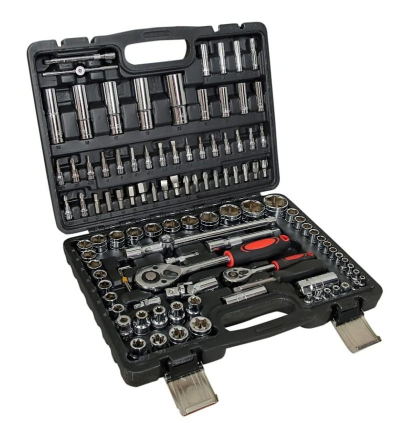 HELLARO VZ-TK-108 Pcs Sleeve Tool Set Socket Wrench And Metric 1/4 And 1/2 Drive Socket Set, Extension Bars, Sockets,Quick Release Reversible Ratchet Wrench, Box End - Image 1