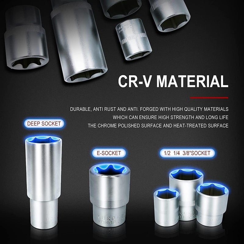 HELLARO VZ-TK-108 Pcs Sleeve Tool Set Socket Wrench And Metric 1/4 And 1/2 Drive Socket Set, Extension Bars, Sockets,Quick Release Reversible Ratchet Wrench, Box End - Image 5