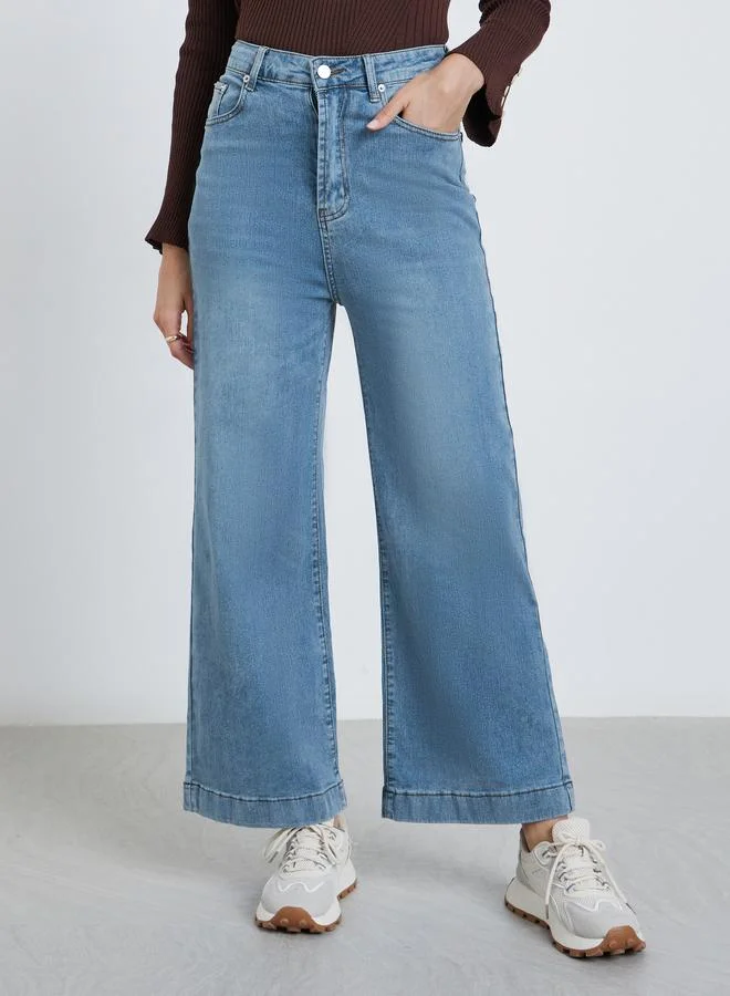 Styli Styli Mid Rise Wide Leg Faded Jeans