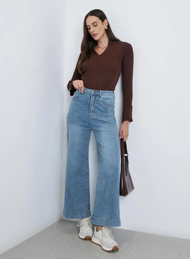 Styli Styli Mid Rise Wide Leg Faded Jeans