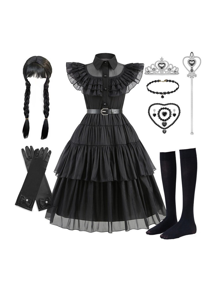 Wednesday Addams Girls' Gothic Cosplay Dress Set – Sleeveless Ruffle Dress with Belt, Faux Pigtails, Socks & Gloves, Halloween Party Costume – Size 120cm  - Image 1