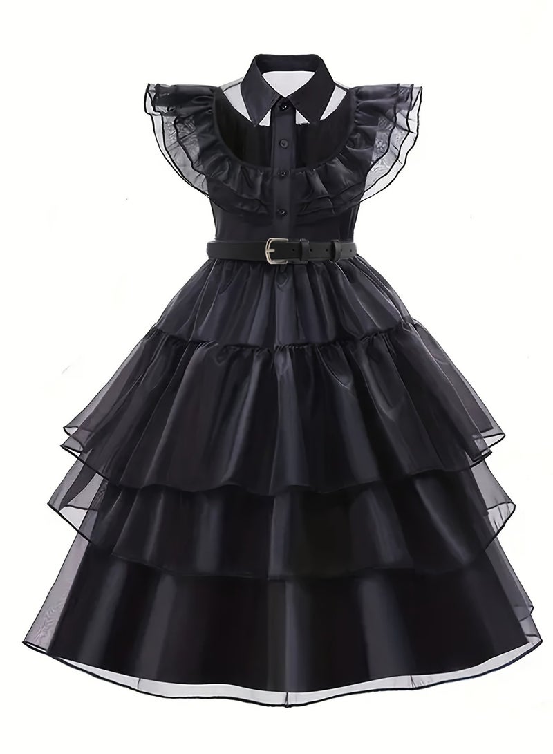 Wednesday Addams Girls' Gothic Cosplay Dress Set – Sleeveless Ruffle Dress with Belt, Faux Pigtails, Socks & Gloves, Halloween Party Costume – Size 120cm  - Image 2
