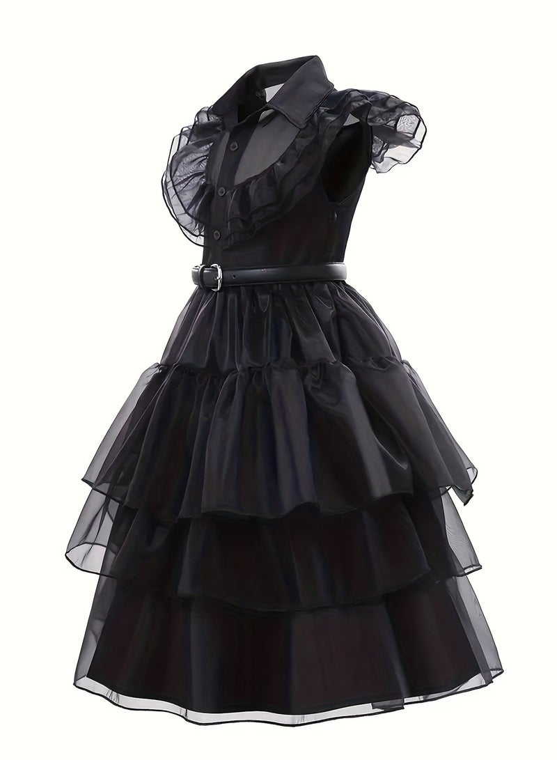 Wednesday Addams Girls' Gothic Cosplay Dress Set – Sleeveless Ruffle Dress with Belt, Faux Pigtails, Socks & Gloves, Halloween Party Costume – Size 120cm  - Image 4