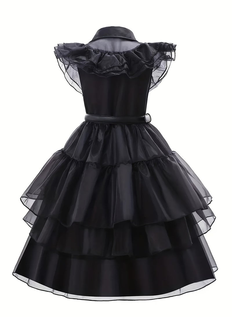 Wednesday Addams Girls' Gothic Cosplay Dress Set – Sleeveless Ruffle Dress with Belt, Faux Pigtails, Socks & Gloves, Halloween Party Costume – Size 120cm  - Image 3