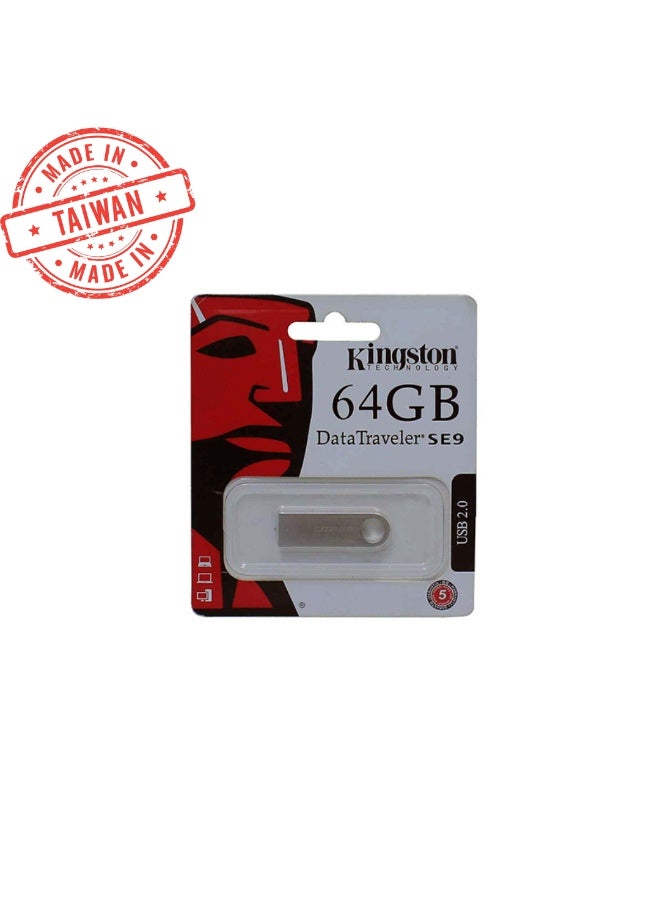 Kingston DataTraveler SE9 64GB USB 2.0 Metal Flash Drive – DTSE9H/64GB, Silver, Made in Taiwan