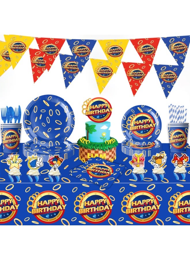 Blue Hedgehog Suonik Coin Game Theme Birthday Party Decoration Set (236 Pieces Including 20 Party Accessories, Disposable Tableware, Backdrop & Decorations)  - Image 1