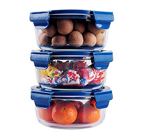ZEPOLI - Lunch Box Glass Food Storage Containers with Blue Lids, Glass Meal Prep Containers, Airtight Glass Lunch,BPA Free & Leak Proof (3 PACK, ROUND) - Image 1