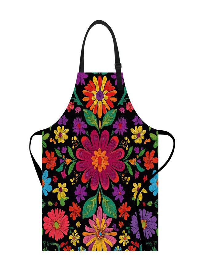 THISFIND Colorful Floral Print Apron for Women – Adjustable Waterproof & Oil-Resistant Apron for Cooking, Baking, Gardening & Kitchen Use – Black Background with Multicolor Flowers - Image 1