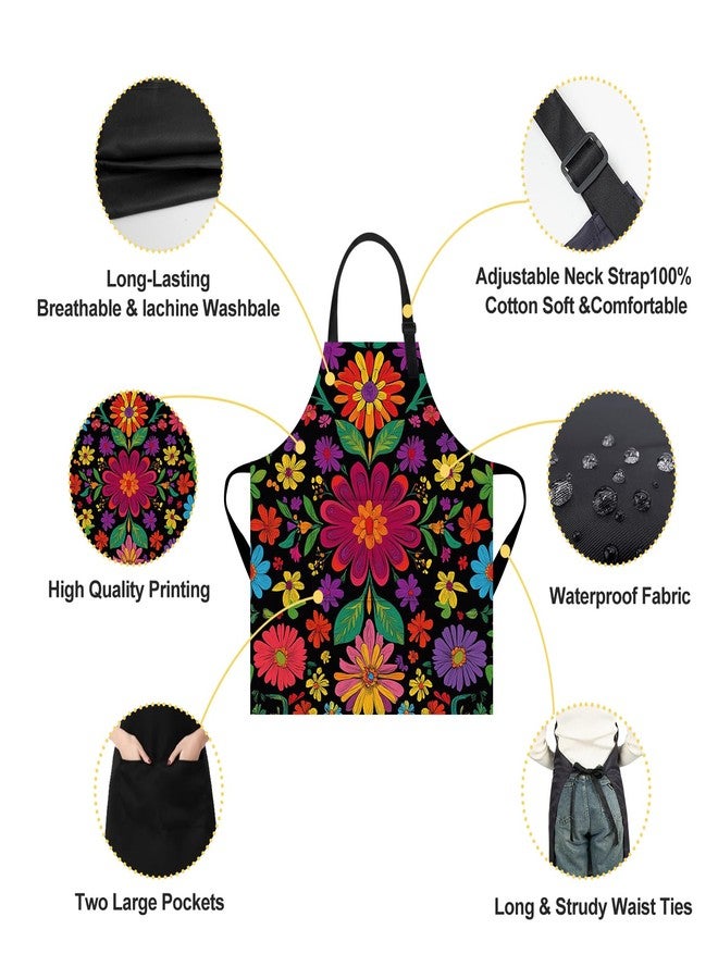 THISFIND Colorful Floral Print Apron for Women – Adjustable Waterproof & Oil-Resistant Apron for Cooking, Baking, Gardening & Kitchen Use – Black Background with Multicolor Flowers - Image 5