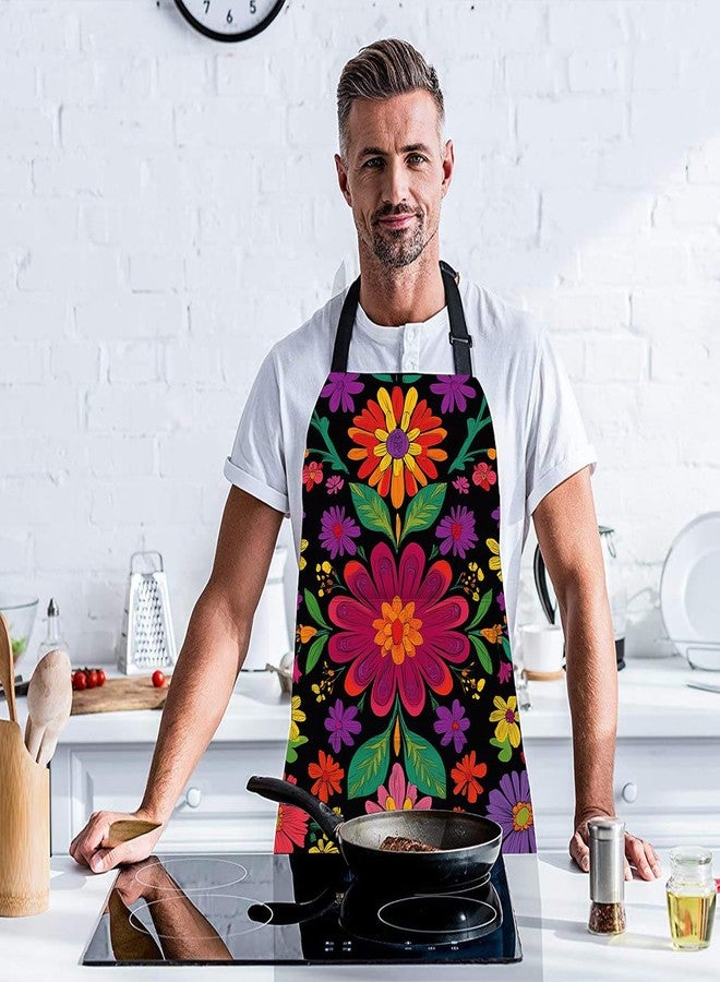 THISFIND Colorful Floral Print Apron for Women – Adjustable Waterproof & Oil-Resistant Apron for Cooking, Baking, Gardening & Kitchen Use – Black Background with Multicolor Flowers - Image 4