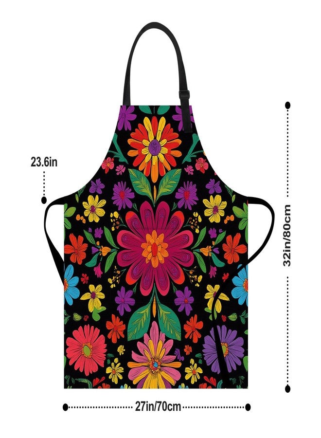 THISFIND Colorful Floral Print Apron for Women – Adjustable Waterproof & Oil-Resistant Apron for Cooking, Baking, Gardening & Kitchen Use – Black Background with Multicolor Flowers - Image 3