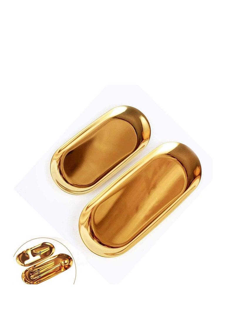SYOSI Stainless Steel Gold Oval Towel Bathroom Storage, Tea Fruit Cosmetics Jewelry and Perfume Storage Candy Tray Cosmetics Trays Dishes Plates Organizers for Home and Hotel 2PCS (Gold) - Image 2