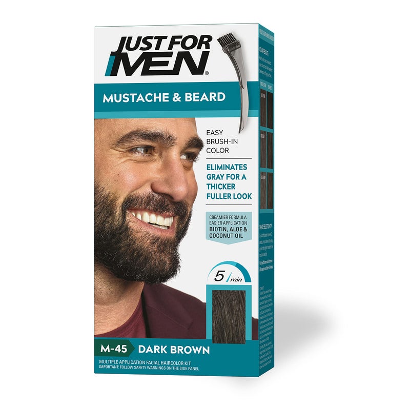 Just For Men Just For Men Mustache & Beard, Beard Dye for Men with Brush Included for Easy Application, With Biotin Aloe and Coconut Oil for Healthy Facial Hair - Dark Brown, M-45, Pack of 1