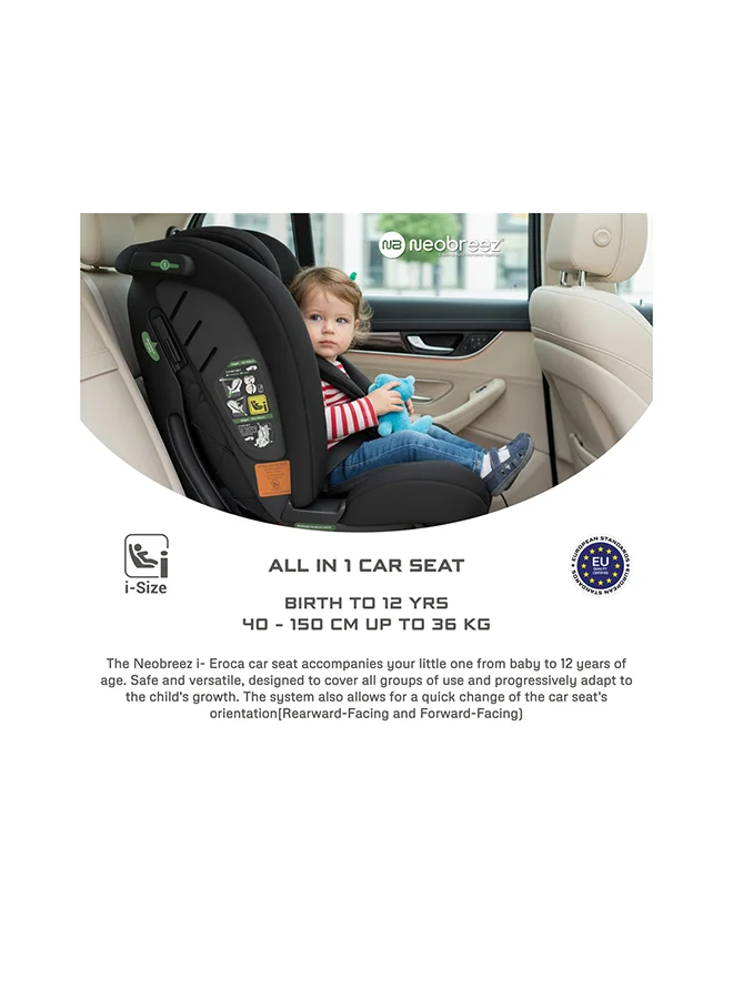 neobreez I-EROCA All-In-One Convertible Travel Baby Toddler Kids Child Boys Girls Car Seat, I-Size ECER129, Recline&Adjustable, Memory Foam, Injection Mold, Forward&Rear Facing, 0-36 Kg, 0-12Yrs, Group 0/1/2/3