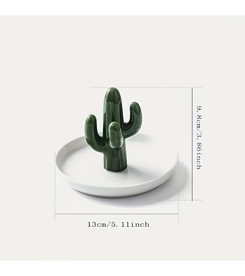 Ceramic Decorative Plate With Cactus Holder Jewelry Ring Organizer Stand For Vanity - Image 4