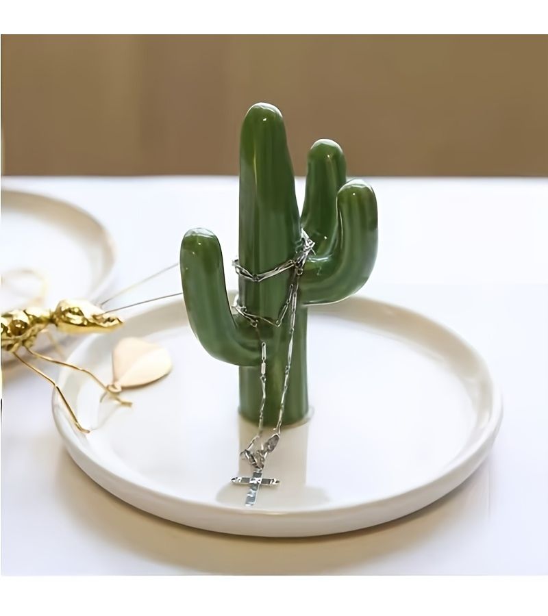Ceramic Decorative Plate With Cactus Holder Jewelry Ring Organizer Stand For Vanity - Image 5