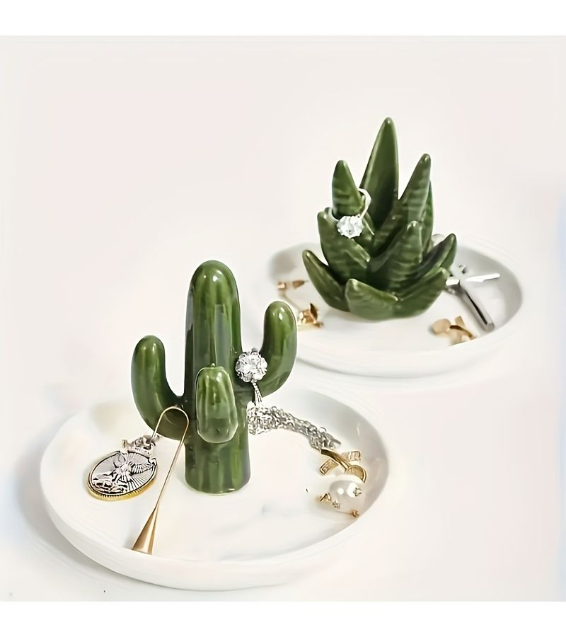 Ceramic Decorative Plate With Cactus Holder Jewelry Ring Organizer Stand For Vanity - Image 1