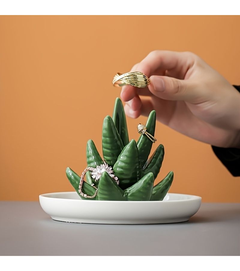 Ceramic Decorative Plate With Cactus Holder Jewelry Ring Organizer Stand For Vanity - Image 2