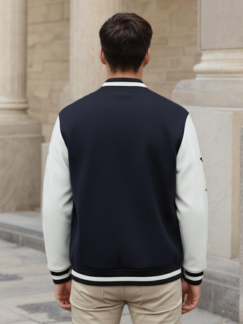 CHKOKKO Men’s Regular Varsity Jacket with Snap Button Closure and Patch Design Trendy Comfortable Outerwear for College Travel and Casual Wear Navy White M - Image 3