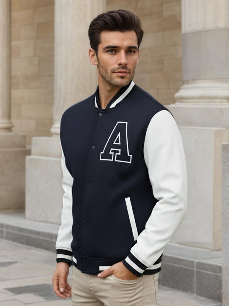 CHKOKKO Men’s Regular Varsity Jacket with Snap Button Closure and Patch Design Trendy Comfortable Outerwear for College Travel and Casual Wear Navy White M - Image 5