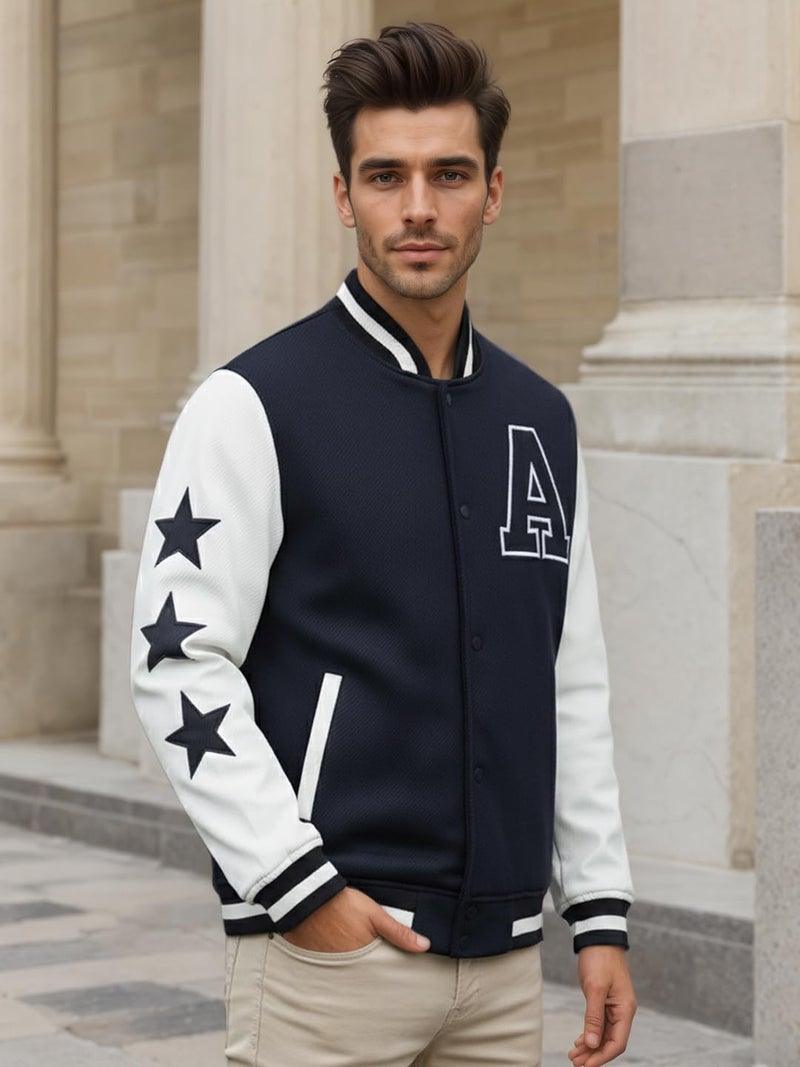 CHKOKKO Men’s Regular Varsity Jacket with Snap Button Closure and Patch Design Trendy Comfortable Outerwear for College Travel and Casual Wear Navy White M - Image 4
