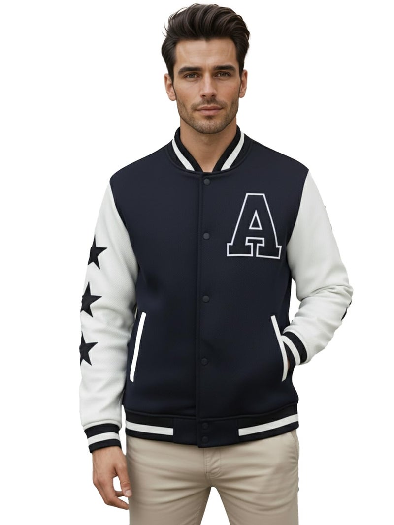 CHKOKKO Men’s Regular Varsity Jacket with Snap Button Closure and Patch Design Trendy Comfortable Outerwear for College Travel and Casual Wear Navy White M - Image 2