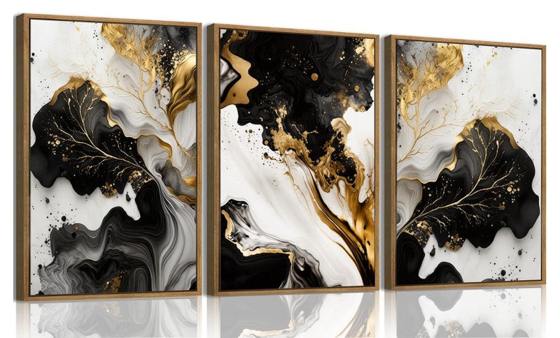 KISSFOX 3 Piece Framed Wall Art Abstract Wall Decor Black Gold Pictures Tree of Life Canvas Art Modern Minimalism Paintings Artwork For Living Room Bedroom Office - Image 1