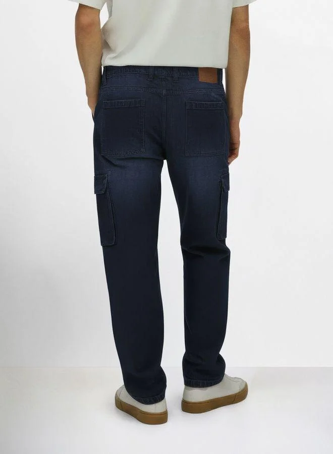 The Indian Garage Co Men Relaxed Fit Solid Cargo Pocket Mid-Rise Jeans