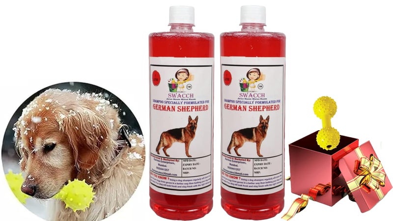 swacch German Shepherd Dog Shampoo + Dumbbell Toy I Durable Rubber Dog Toy for Chewing I Playing,Teeth Cleaning & Training Toy I Combo Pack I 1 Litre Pack of 2 Strawberry - Image 1