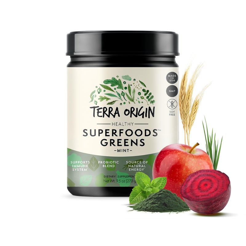 TERRA ORIGIN Superfoods Greens for Immune Defense and Digestive Support with Spirulina Probiotics Organic Vegetables Digestive Enzymes NonGMO 30 Servings Mint Flavor