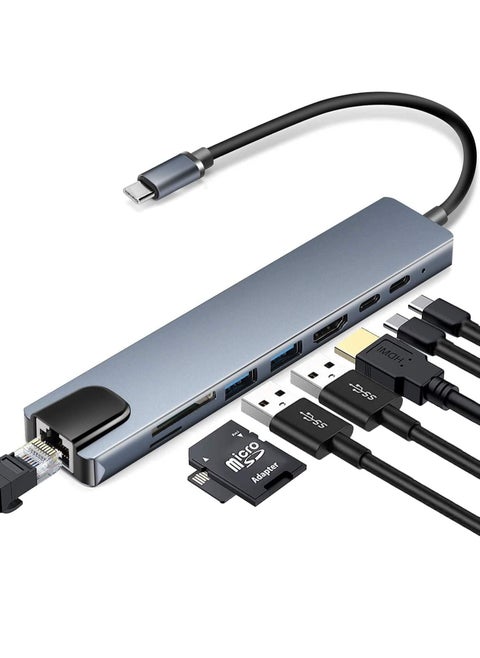 Type c Hub Adapter, 8 in 1 USB Type C Network Hub, Type C Hub with Ethernet Port, 1 4K HDMI, 2 USB 3.0 Ports, and SD Card Reader,Hub for MacBook and other USB-C laptops