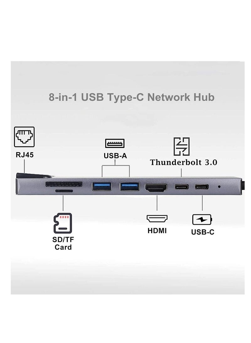 Type c Hub Adapter, 8 in 1 USB Type C Network Hub, Type C Hub with Ethernet Port, 1 4K HDMI, 2 USB 3.0 Ports, and SD Card Reader,Hub for MacBook and other USB-C laptops